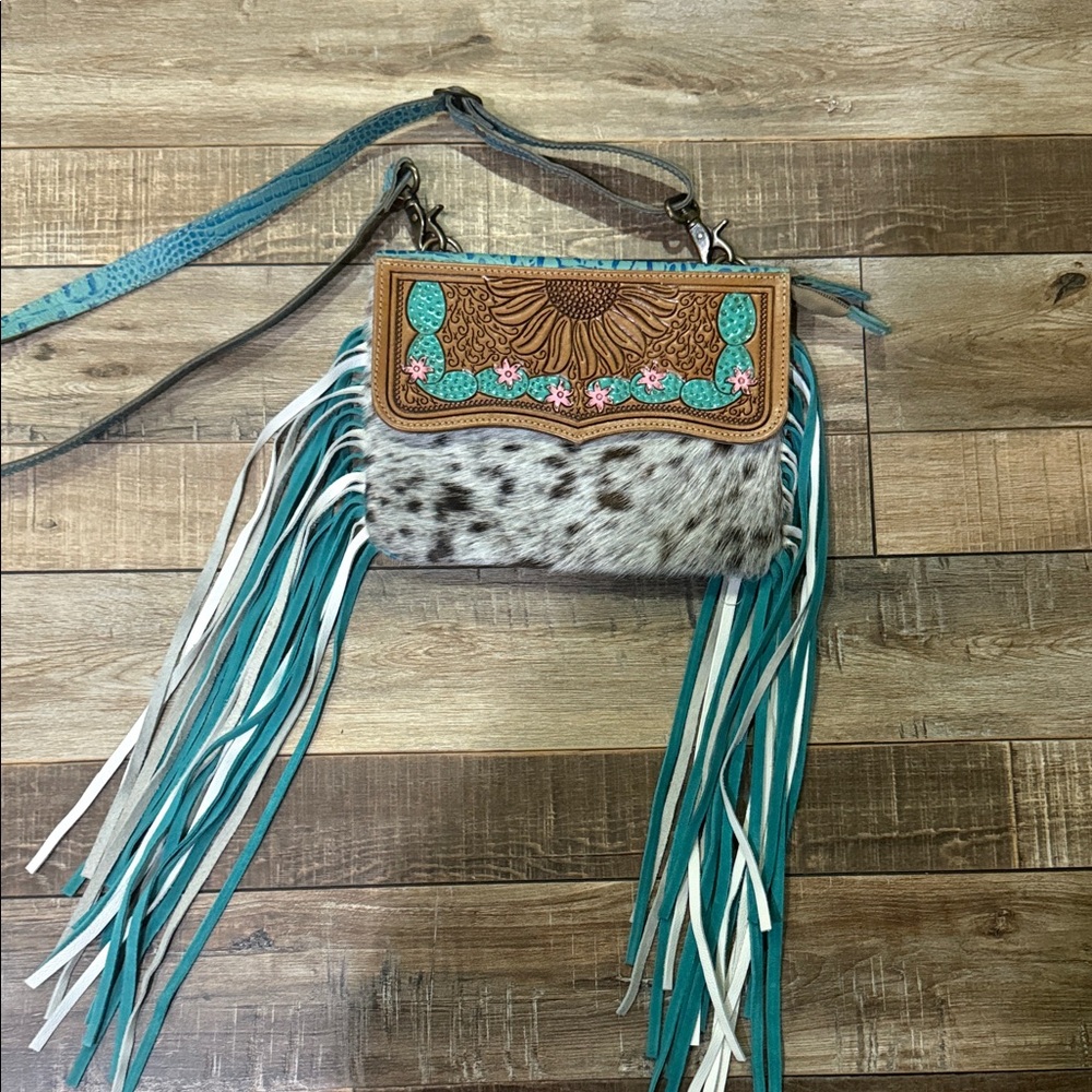 Myra Bag Turquoise and Brown Fringe Crossbody